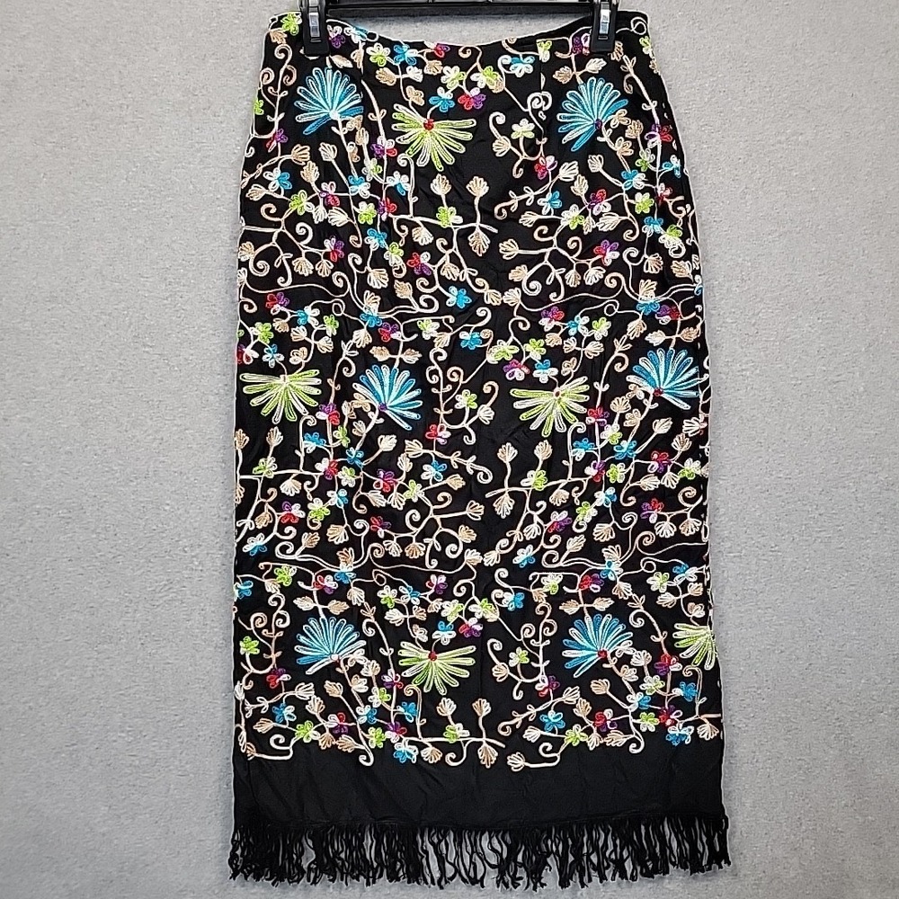 INTRIGUING‎ THREADS Embroidered Maxi Fringe Skirt Black Multicolor Size 8 Floral